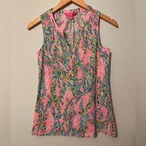 Lilly Pulitzer Essie Top Unicorn of the Sea Print Sleeveless Gold Button X-Small